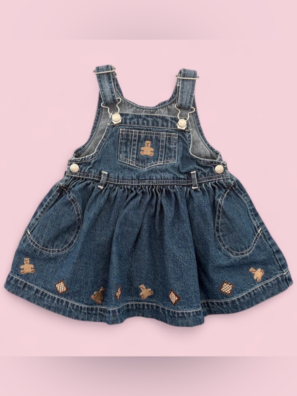 Vintage Baby Gap Teddy Bear Denim Overall Dress 12-18 Months